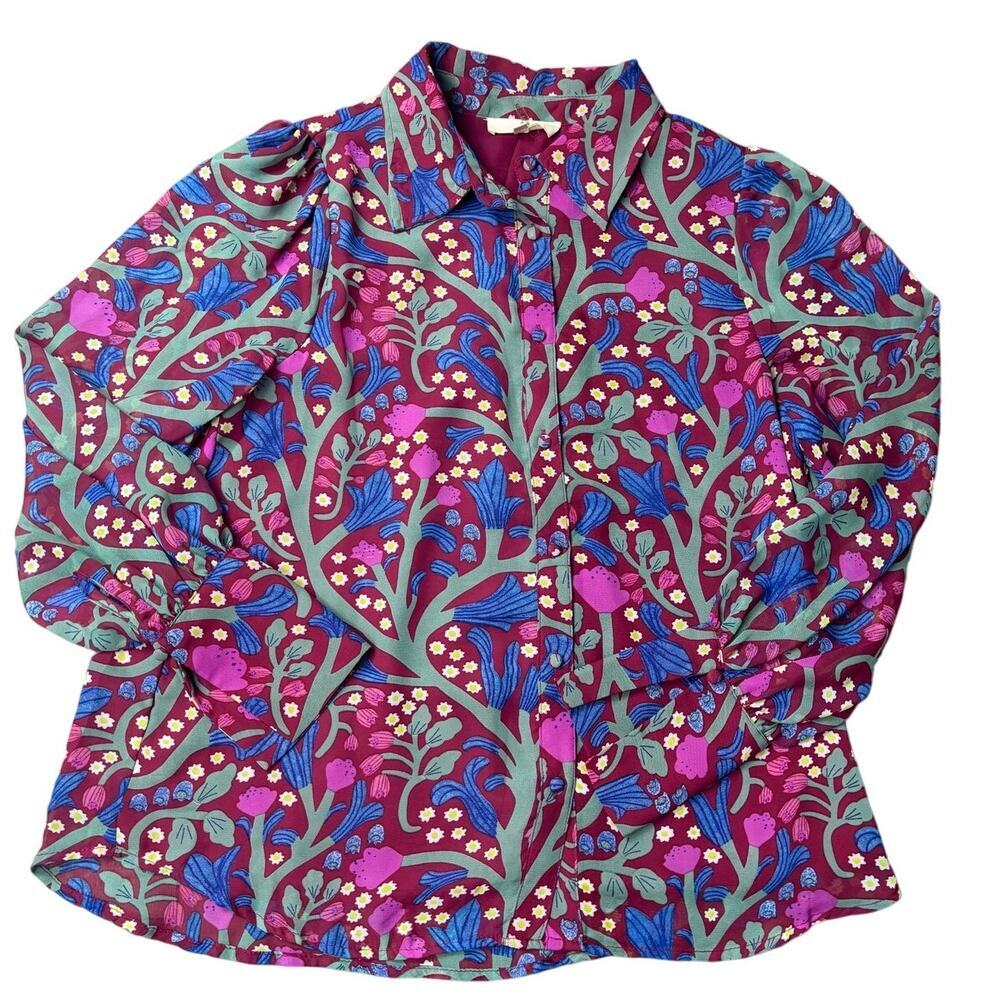 Entro Floral Button Front Blouse Women’s Small Boho Botanical Print Top